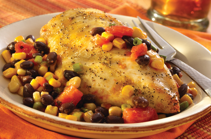 Peppered Chicken Over Black Bean Salsa