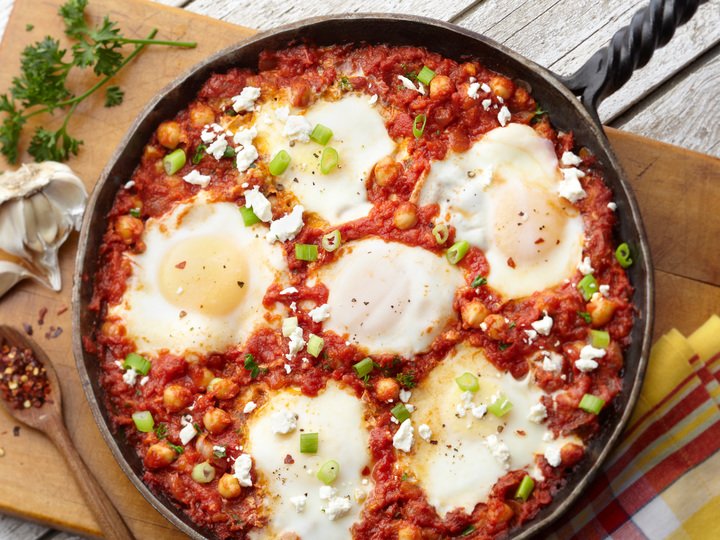 Poached Eggs in Tomato and Garbanzo Skillet
