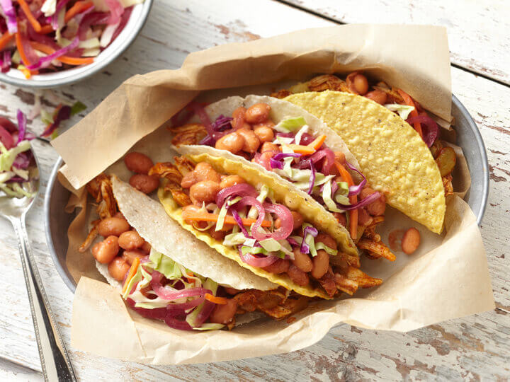 Chicken and Pinto Tacos with Pickled Onion Slaw